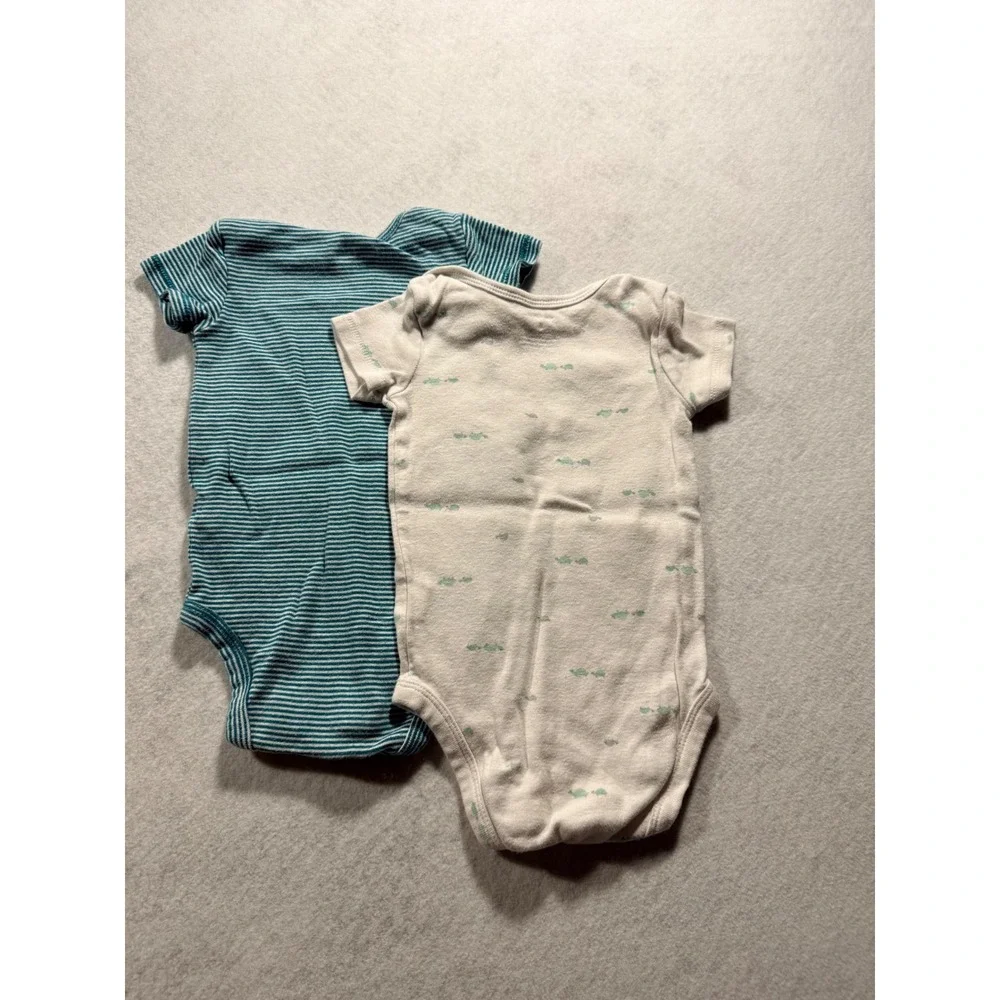 Carters Baby Boys 6 Months Short Sleeve Bodysuit Set Teal Stripe Turtle 2 Pack